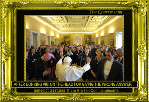 After bonking Vini on the head for giving the wrong answer, Benedict gestures there are ten commandments.