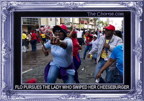 Flo pursues the lady who swiped her cheeseburger