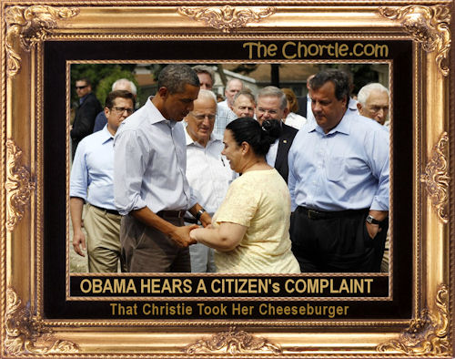 Obama hears a citizen's complaint that Christie ate her cheeseburger