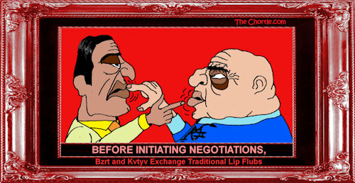 Before initiating negotiations, Bzrt and Kvtyv exchange traditional lip flubs.
