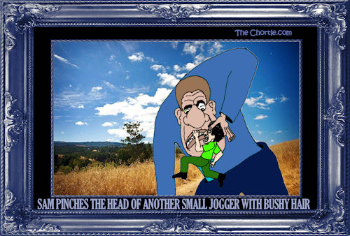 Sam pinches the head of another small jogger with bushy hair