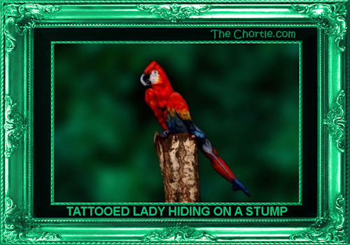 Tatooed lady hiding on a stump