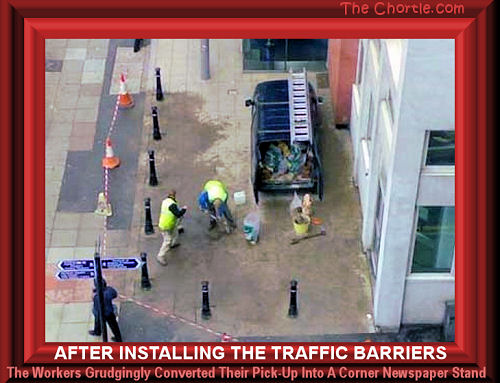 After installing the traffic barriers, the worker's grudgingly converted their pick-up into a corner newspaper stand.