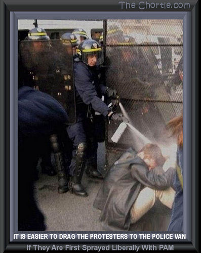 It is easier to drag the protesters to the police van if they are first sprayed liberally with PAM