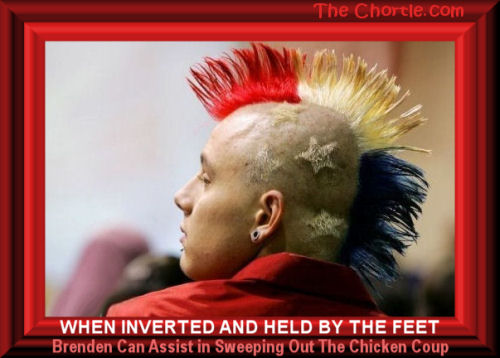 When inverted and held by the feet, Brenden can assist sweeping out the chicken coup