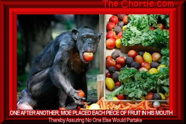 One after another, Moe placed each piece of fruit in his mouth thereby assuring no one wlse would partake.