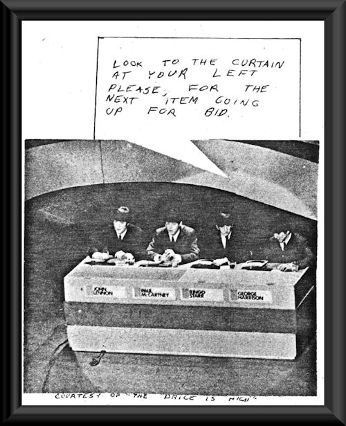 Look to the curtain at your left, please, for the next item going up for bid. (Courtesy of "The Price is High")