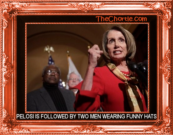Pelosi is followed by two strange men wearing funny hats.