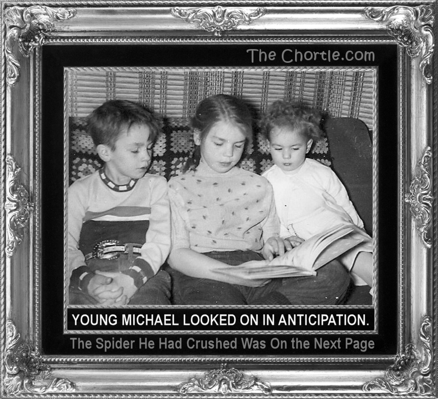 Young Michael looked on in anticipation.  The spider he had crushed was on the next page.